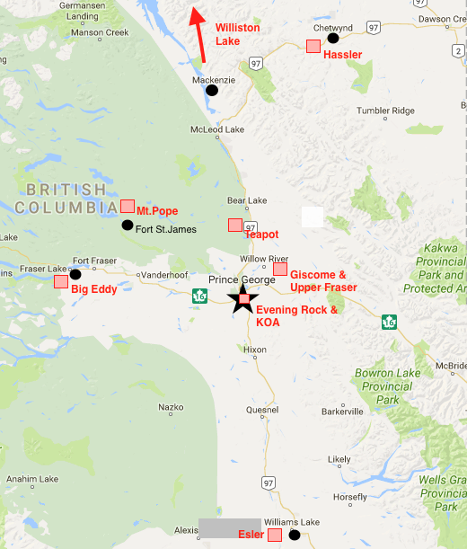 Map Overview of Climbing areas around Prince George, BC